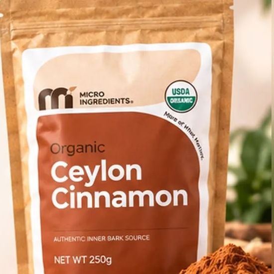 Bolsa de canela de Ceilán con el sello USDA Organic y el peso neto de 250 g